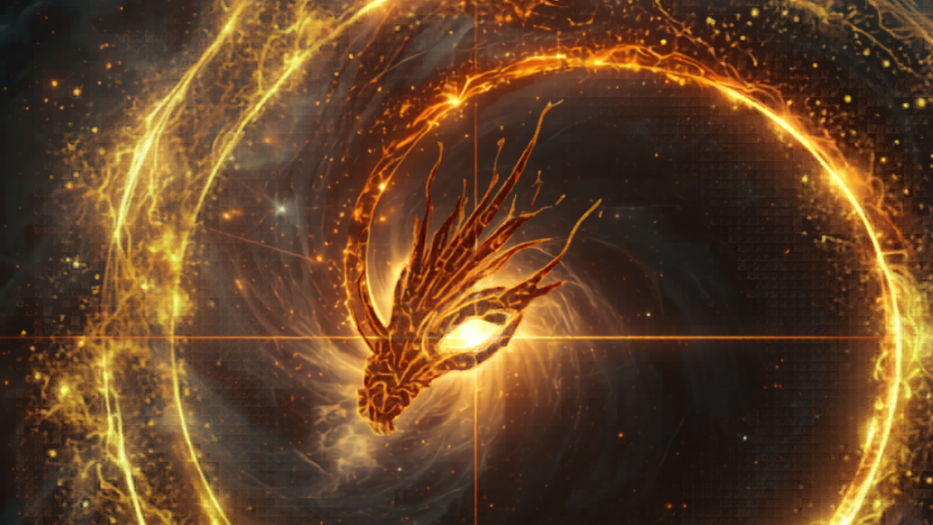 A serpent's eye resolving out of a golden spiral of starlight